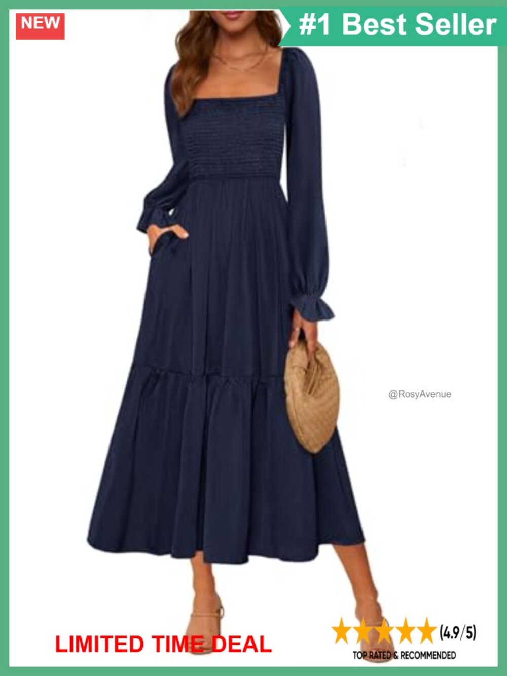 Long Sleeve Midi Dress Smocked Square Neck A Line Flowy